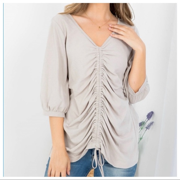 Boho Chic Great Style Ruched Drawstring front cuffed sleeves top - Picture 1 of 9
